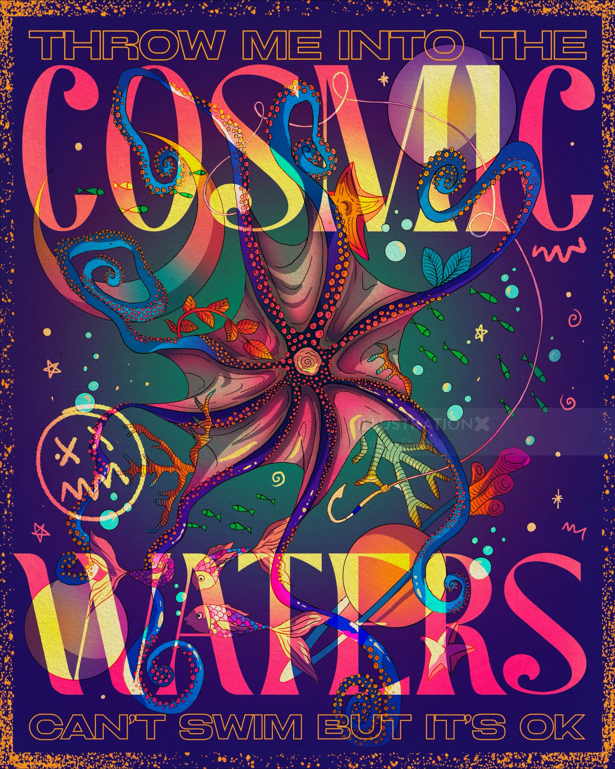 Surreal poster of an octopus swimming among planets by Tuhina Sharma