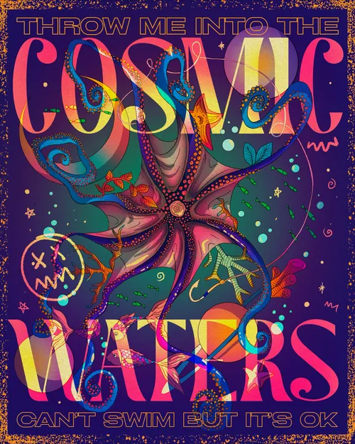 Surreal poster of an octopus swimming among planets by Tuhina Sharma