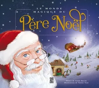 Santa Claus with sleigh flying over snowy village, illustration by Turine Tran