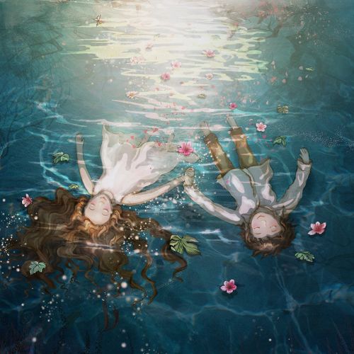 Two girls floating peacefully in water surrounded by flowers by Turine Tran