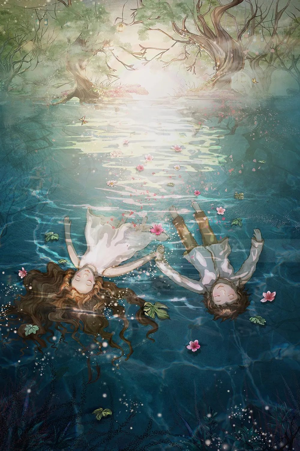 Two girls floating peacefully in water surrounded by flowers by Turine Tran
