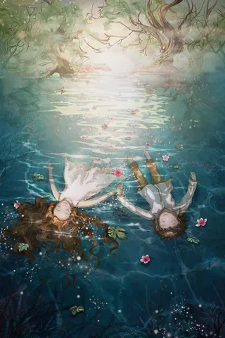 Two girls floating peacefully in water surrounded by flowers by Turine Tran