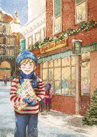 Child in blue hat and scarf holding books outside snowy bookstore by Turine Tran