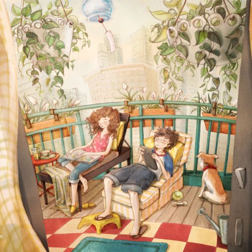 Cozy balcony with girl reading and a dog waiting by the door by Turine Tran