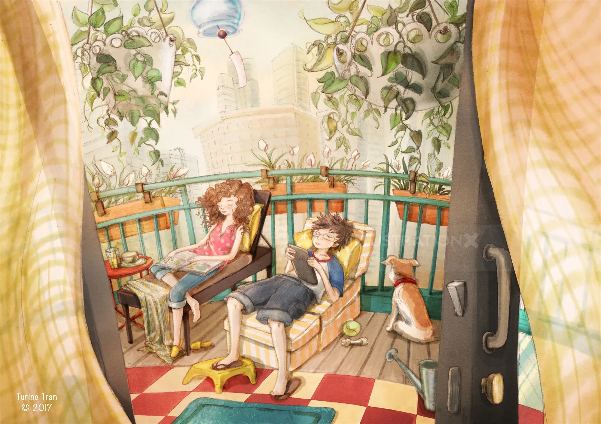 Cozy balcony with girl reading and a dog waiting by the door by Turine Tran
