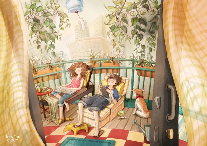 Cozy balcony with girl reading and a dog waiting by the door by Turine Tran
