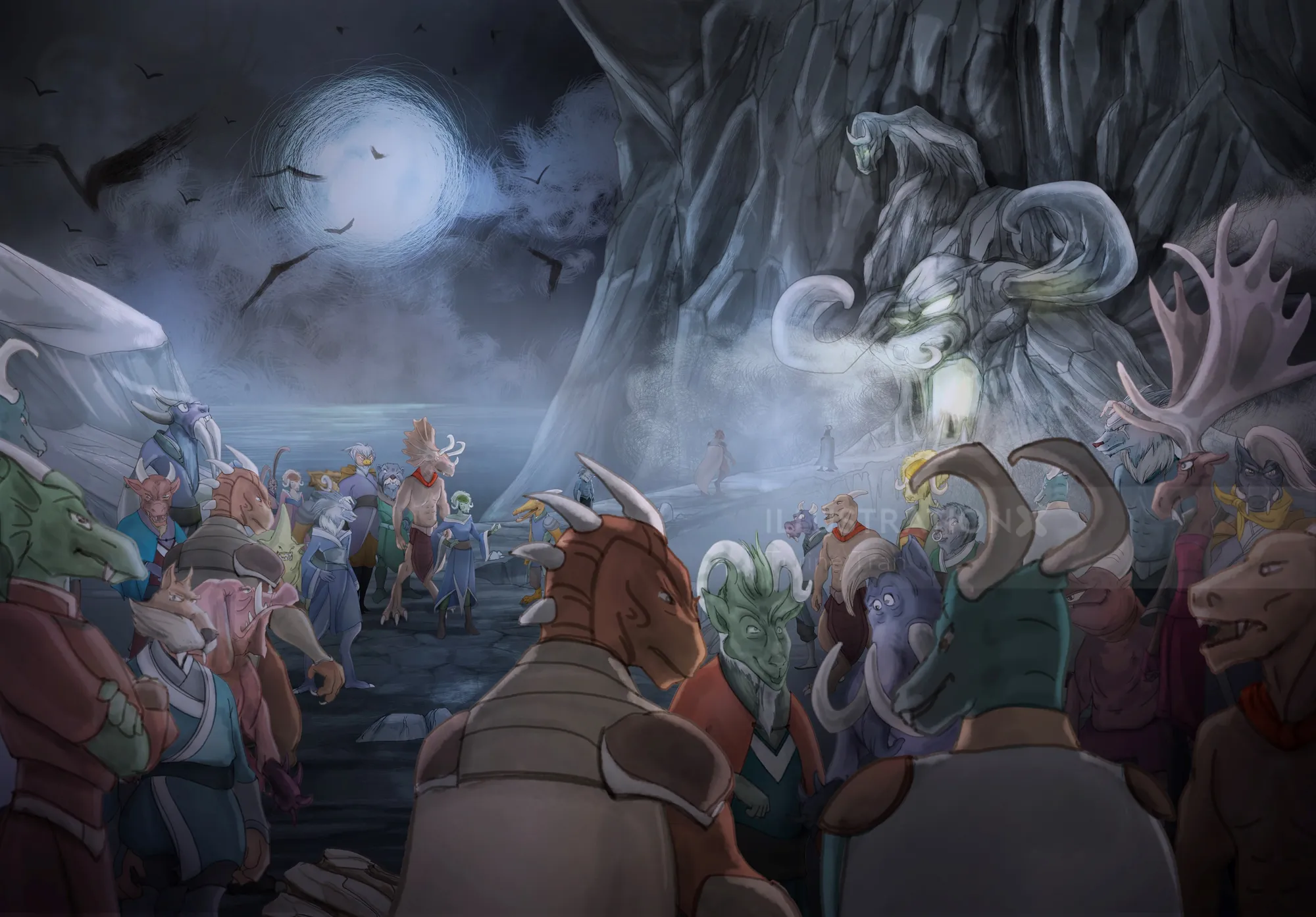 Fantasy creatures gathered under moonlight, dark rocky surroundings by Turine Tran