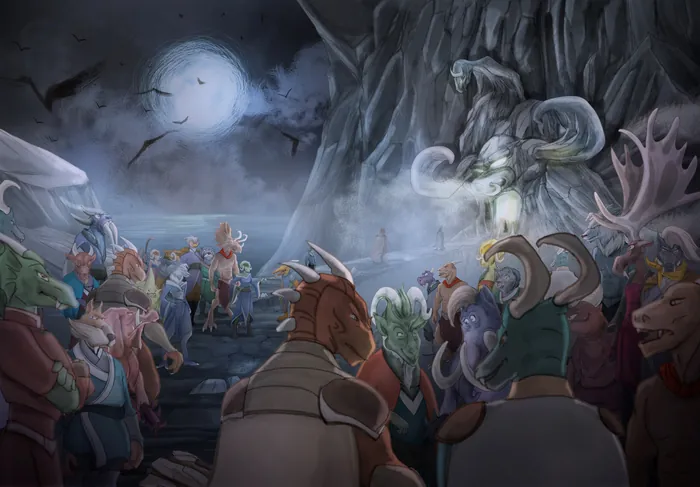 Fantasy creatures gathered under moonlight, dark rocky surroundings by Turine Tran