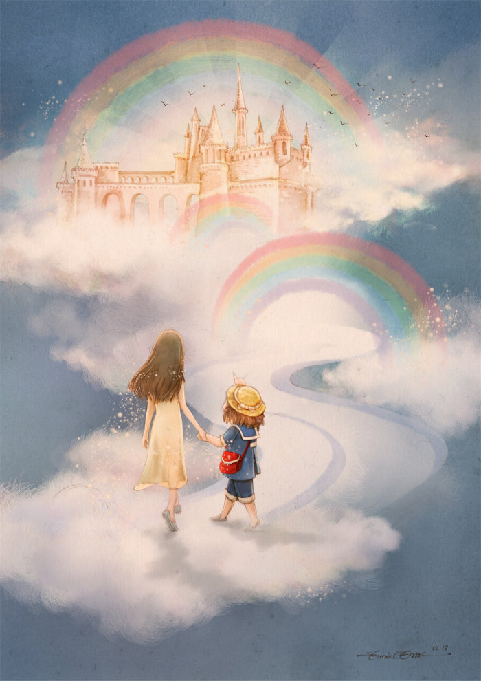 Crianças de fantasia para o castelo do arco-íris