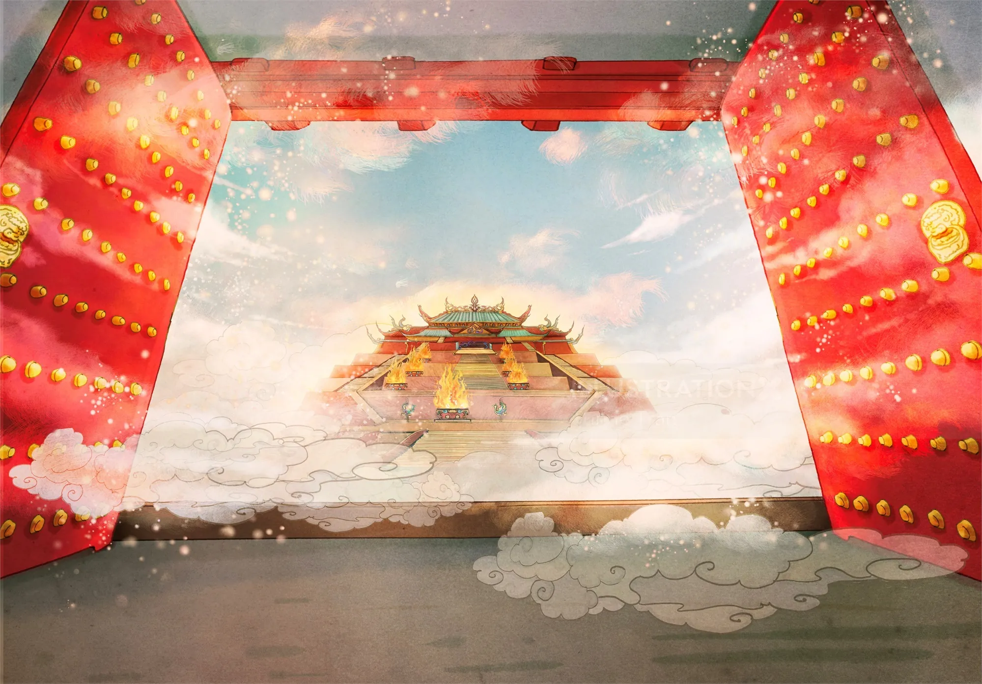 View of an ancient temple through a red gate with lanterns and clouds by Turine Tran