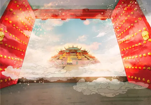 View of an ancient temple through a red gate with lanterns and clouds by Turine Tran