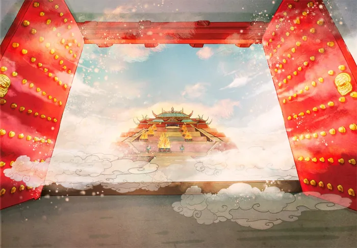 View of an ancient temple through a red gate with lanterns and clouds by Turine Tran