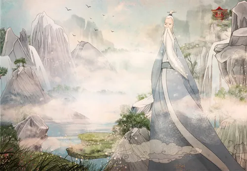 Serene landscape with monk in robes by mountains and mist by Turine Tran