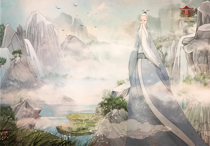Serene landscape with monk in robes by mountains and mist by Turine Tran