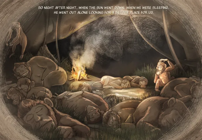 Group sleeping near campfire in cave under large animal skin by Turine Tran