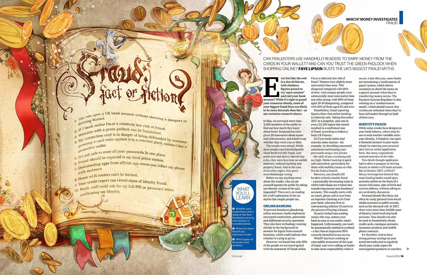 Illustrated fantasy book spread with ornate borders and colorful decorations by Turine Tran