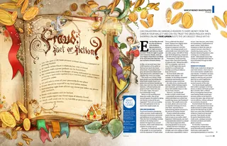 Illustrated fantasy book spread with ornate borders and colorful decorations by Turine Tran
