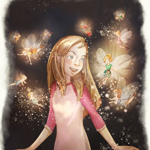 Girl surrounded by glowing fairies in a dark magical scene by Turine Tran