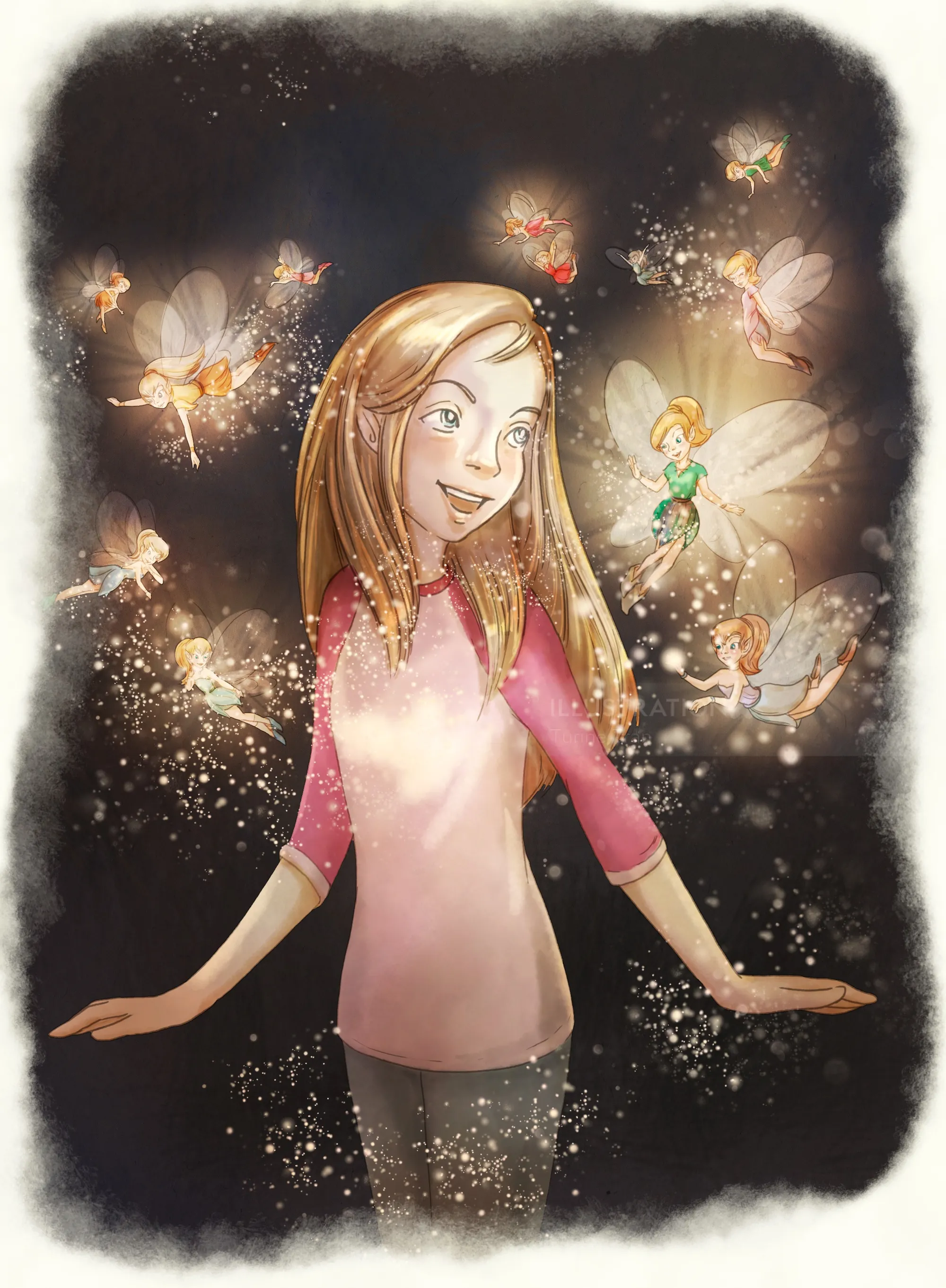 Girl surrounded by glowing fairies in a dark magical scene by Turine Tran