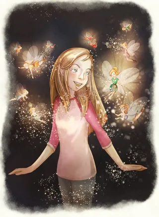 Girl surrounded by glowing fairies in a dark magical scene by Turine Tran