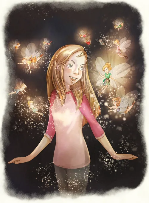 Girl surrounded by glowing fairies in a dark magical scene by Turine Tran