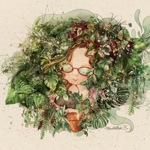 Girl with glasses holding a cup, hair made of plants and flowers by Turine Tran