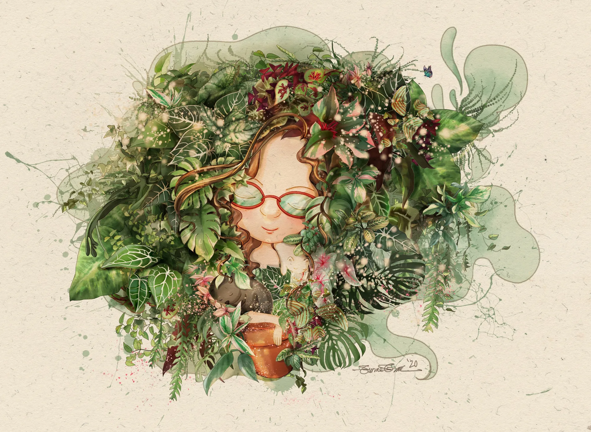 Girl with glasses holding a cup, hair made of plants and flowers by Turine Tran