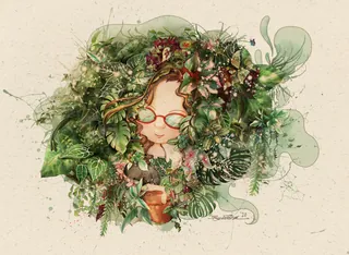 Girl with glasses holding a cup, hair made of plants and flowers by Turine Tran