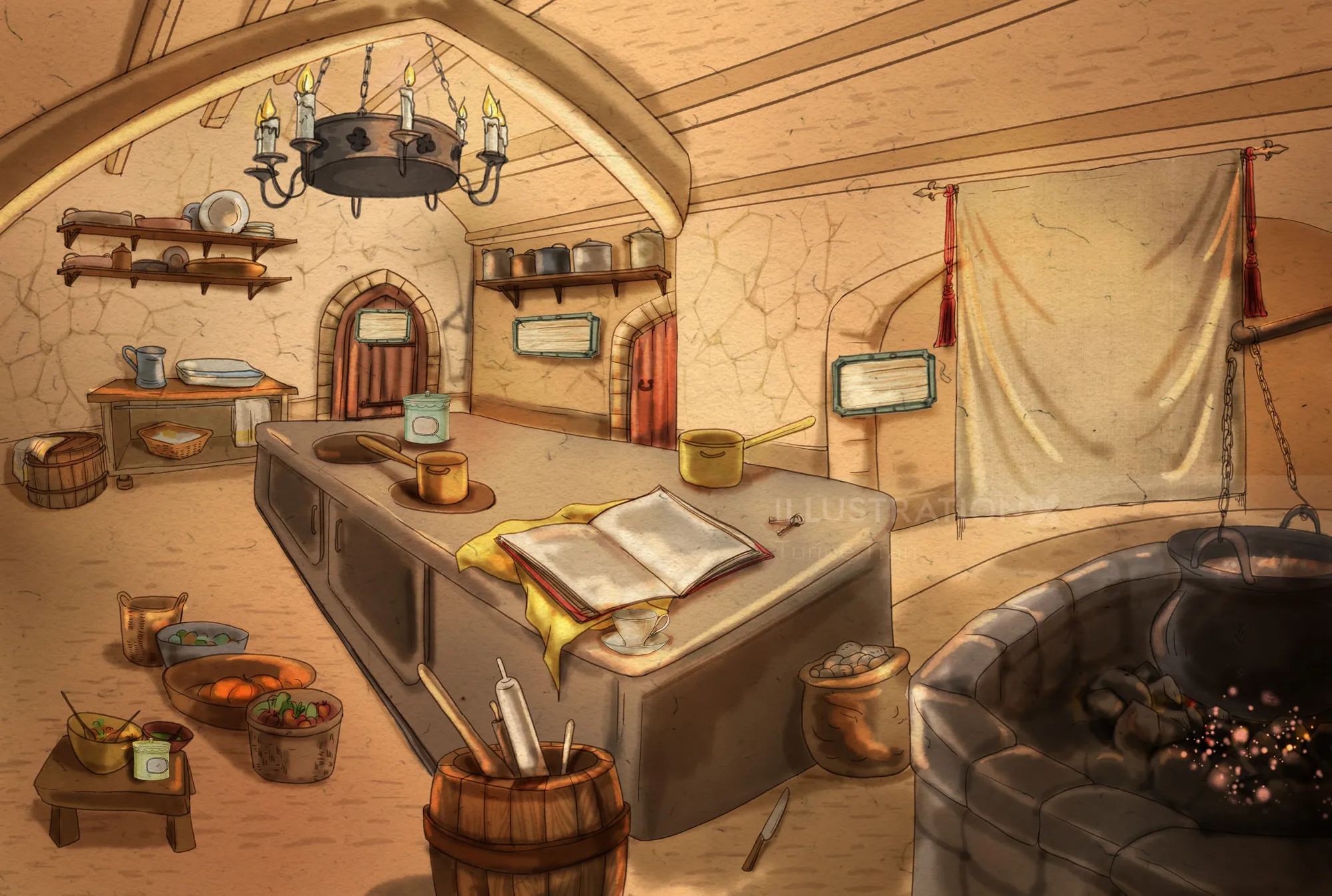 Medieval alchemist workshop with books, tools, and potions, artwork by Turine Tran