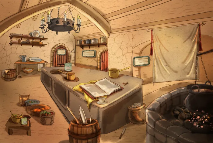 Medieval alchemist workshop with books, tools, and potions, artwork by Turine Tran