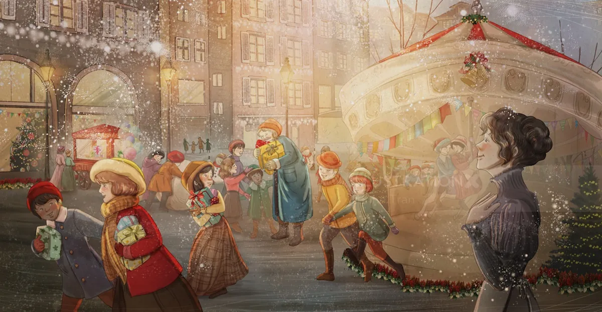 Victorian children at a snowy Christmas market with decorations and carousel by Turine Tran