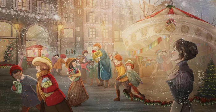 Victorian children at a snowy Christmas market with decorations and carousel by Turine Tran