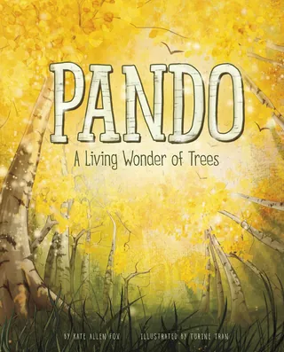 Book cover illustration with golden trees and title Pando by Turine Tran
