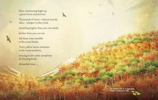 Autumn forest landscape with poem text and birds in flight by Turine Tran