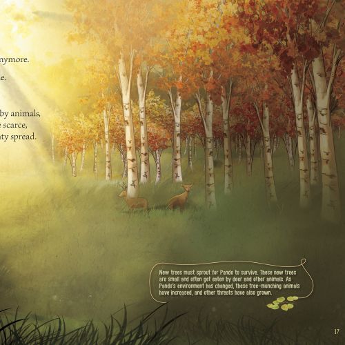 Deer standing in autumn forest illuminated by sunlight, artwork by Turine Tran