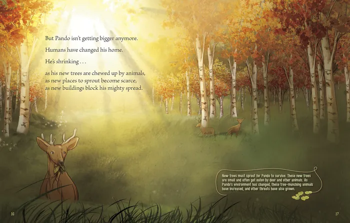 Deer standing in autumn forest illuminated by sunlight, artwork by Turine Tran