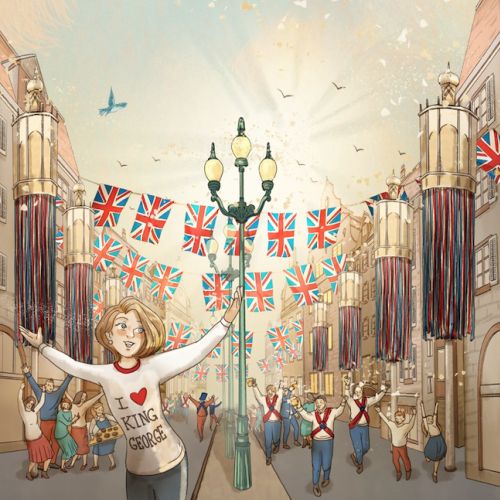 Celebration on London street with Union Jack flags under blue sky by Turine Tran