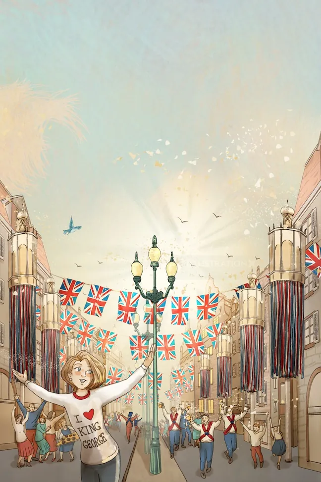 Celebration on London street with Union Jack flags under blue sky by Turine Tran