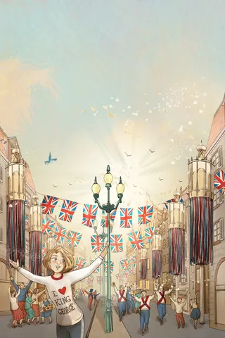 Celebration on London street with Union Jack flags under blue sky by Turine Tran