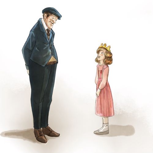 Illustration of older man smiling at young girl in pink dress wearing a crown by Turine Tran