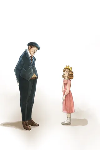 Illustration of older man smiling at young girl in pink dress wearing a crown by Turine Tran