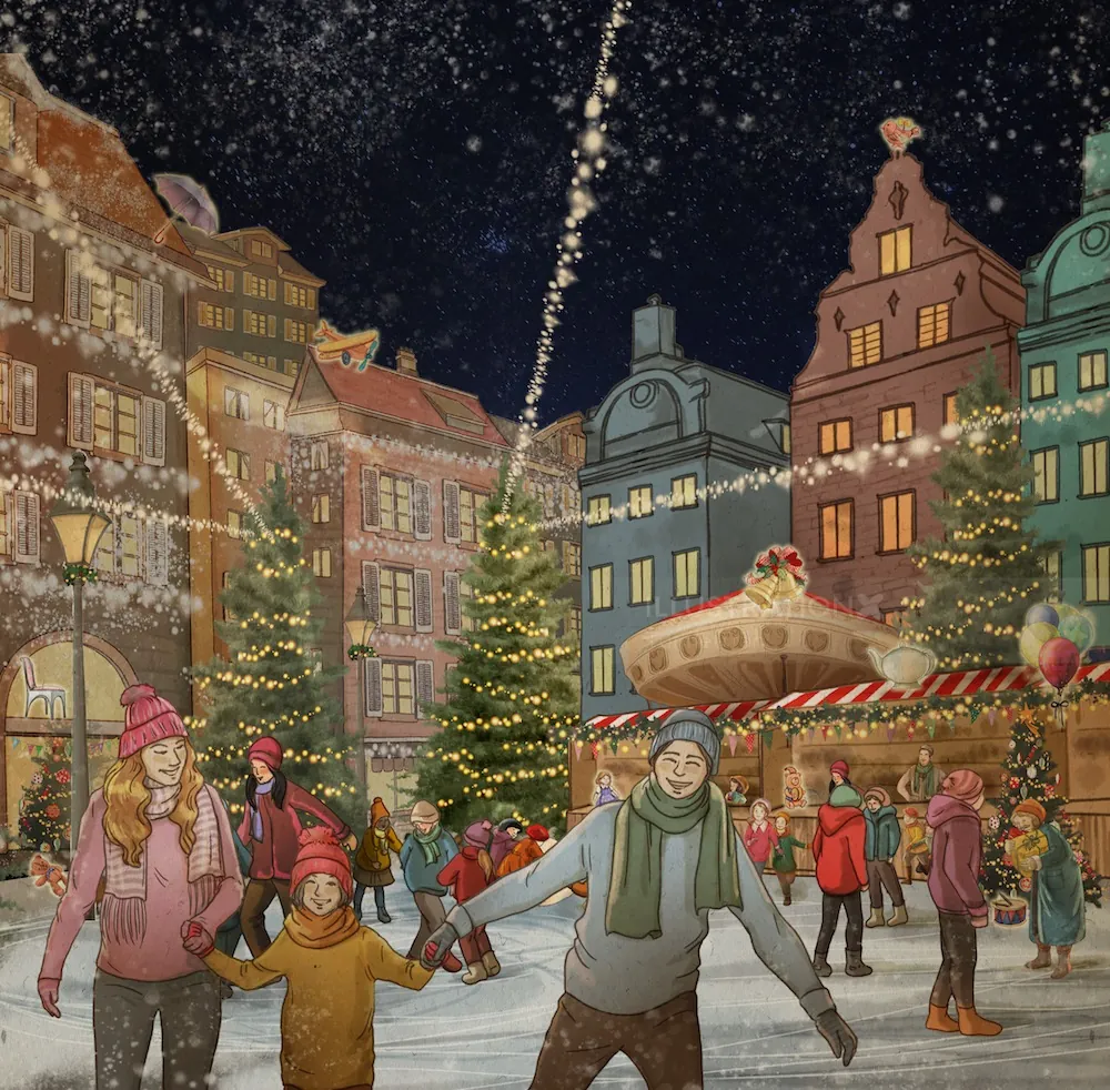 Festive winter market with ice skating families and Christmas trees by Turine Tran