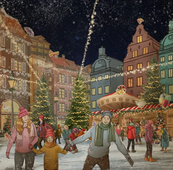 Festive winter market with ice skating families and Christmas trees by Turine Tran