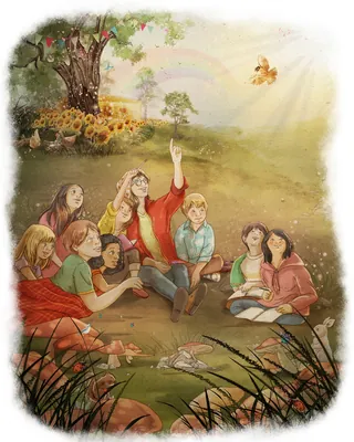 Children listening to adult storyteller outdoors with tree and butterfly by Turine Tran