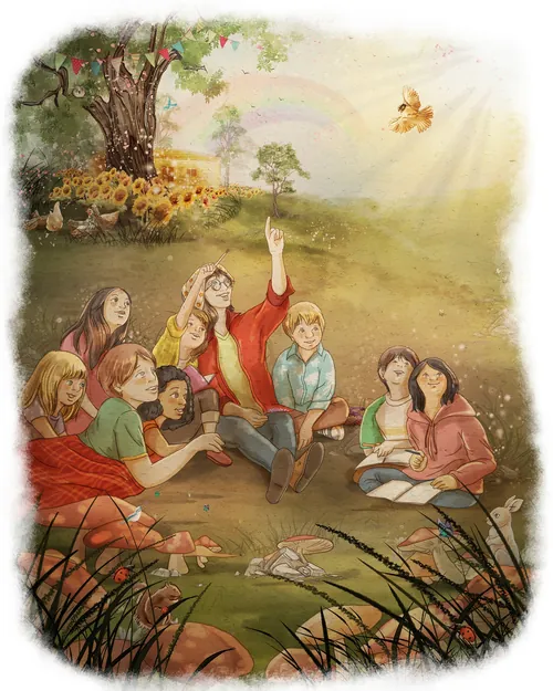Children listening to adult storyteller outdoors with tree and butterfly by Turine Tran