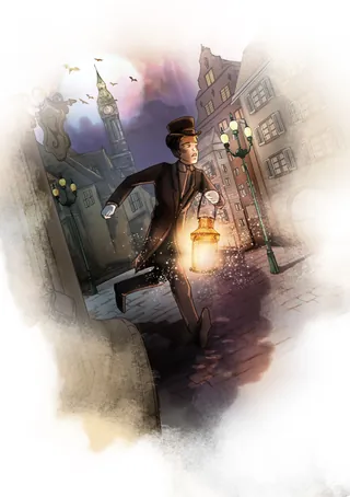 Victorian man running at night holding a lantern in foggy street by Turine Tran
