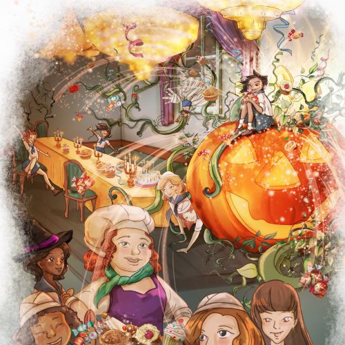 Whimsical Halloween scene with children and large pumpkin by Turine Tran