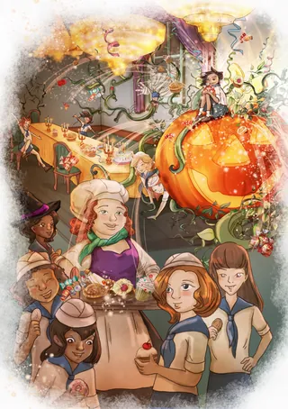 Whimsical Halloween scene with children and large pumpkin by Turine Tran