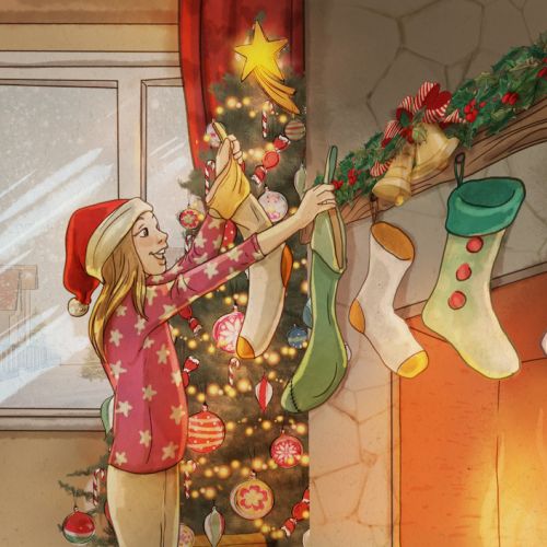 Girl hanging Christmas stockings near tree and fireplace by Turine Tran