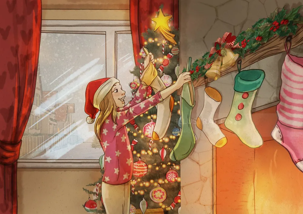 Girl hanging Christmas stockings near tree and fireplace by Turine Tran